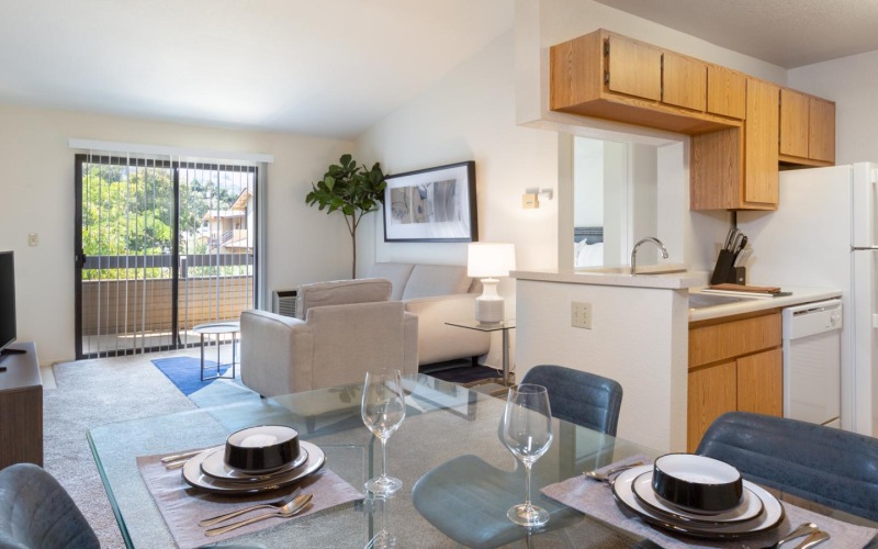 a kitchen with a dining table